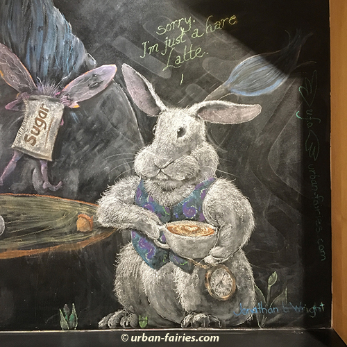Chalk mural, white rabbit, Sweetwaters Coffee & Tea, fairy Doors, urban-fairies, Urban Fairies, Ann Arbor